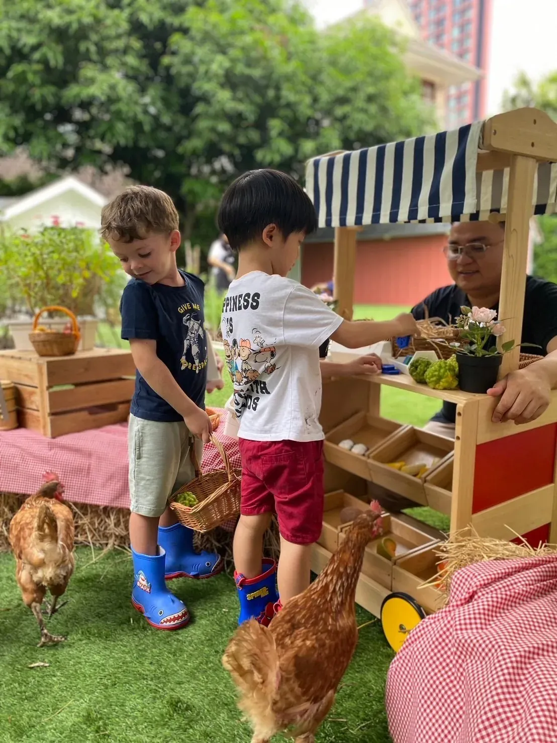 Two boys with a basket choosing produce at the market cart, hens walking past